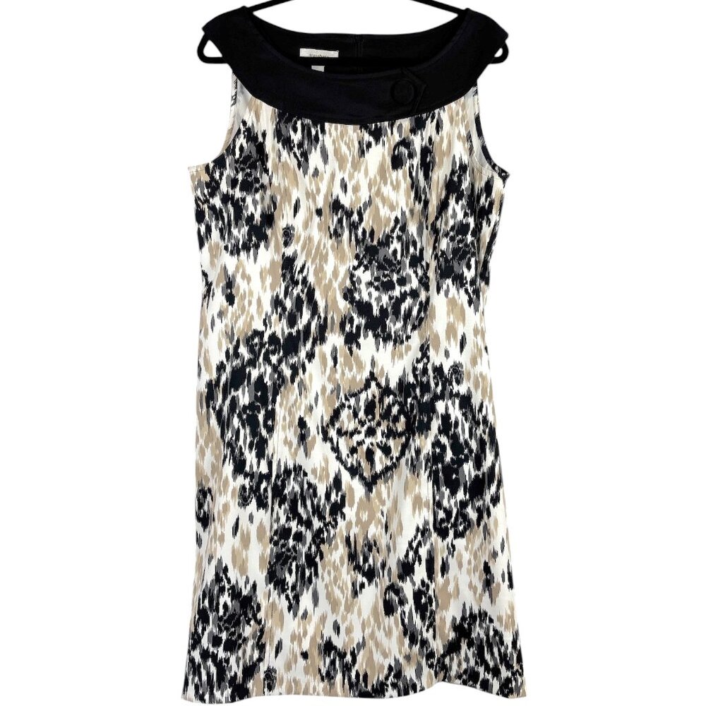 Dressbarn Sleeveless Dress Women's 16 Beige Black Abstract Print Contrast Collar